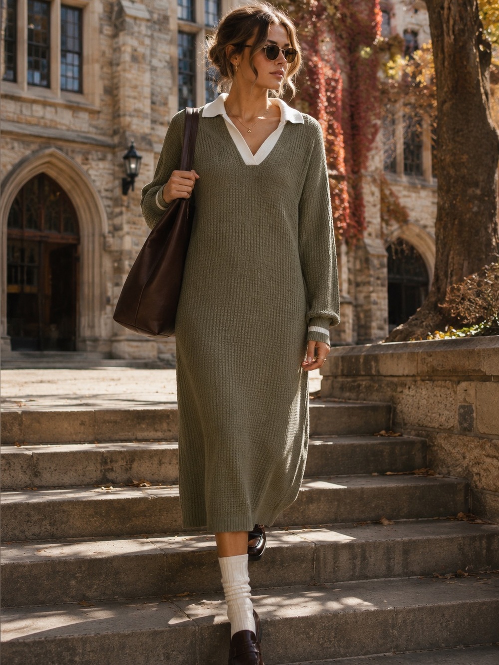 Lalavon Olive Green Small Cotton Blend Sweater Midi Dress Preppy Academia